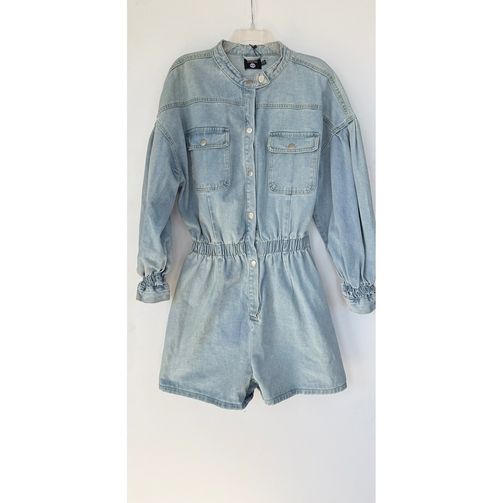 Boohoo Blue Utility Denim Playsuit Light Blue Romper Size 12 Preppy Boho Coastal